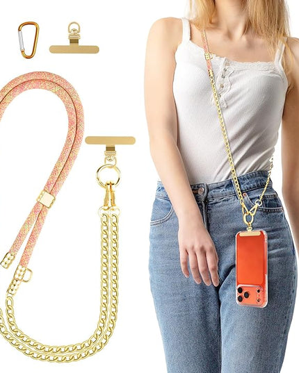 Crossbody Phone Lanyard, Adjustable Multicolor Braided Phone Strap and Phone Chain Strap Combination, Sturdy Metal Buckle and 360° Rotatable Phone Tether Tab, Orange Card Strip