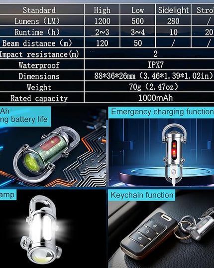3-in-1 Keychain Flashlight, Rechargeable 500/1200 Lumens EDC Tool with Red/Blue Strobe, Emergency Recharge Your Phone , IPX7 Waterproof, Portable for Outdoor, Camping, Hiking & Survival Gear