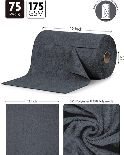 Fantasticlean Microfiber Cleaning Cloth Roll -75 Pack, Tear Away Microfiber Towels, 12" x 12", Reusable, Washable, Scratch Free, Ultra Absorbent for All-Around Cleaning Supplies (DimGray)