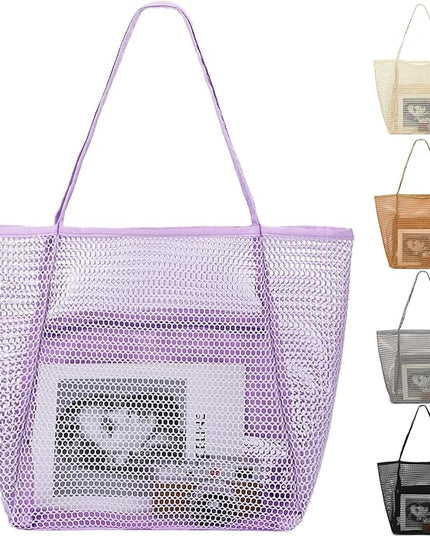 Mesh Beach Bag, Large Beach Tote with Zipper Pocket, Toys Pool Bag for Family Travel Vacation Cruise Essentials