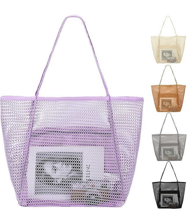 Mesh Beach Bag, Large Beach Tote with Zipper Pocket, Toys Pool Bag for Family Travel Vacation Cruise Essentials