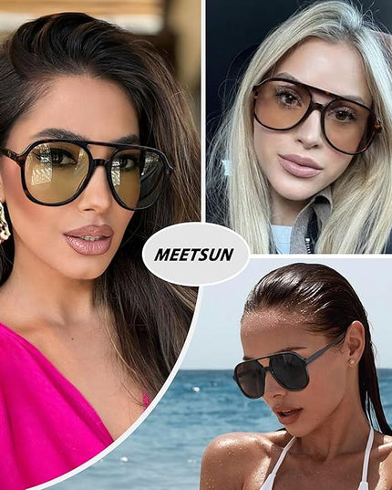 MEETSUN Retro Oversized Aviator Sunglasses for Women Men Trendy 70s 80s Vintage Square Aviators 3 Pack UV400