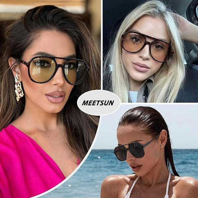 MEETSUN Retro Oversized Aviator Sunglasses for Women Men Trendy 70s 80s Vintage Square Aviators 3 Pack UV400