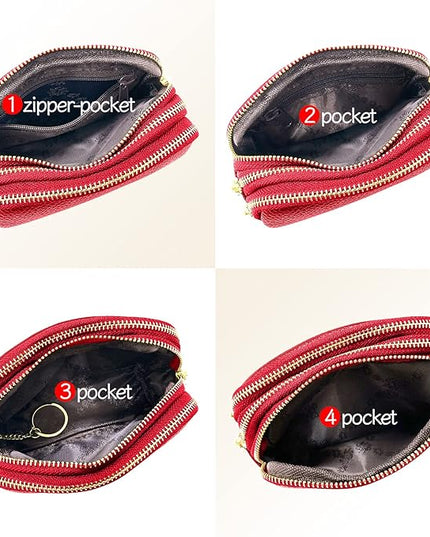 LINNO 3 Zippered Genuine Leather Coin Purse Triple Capacity Change Pouch Little Travel Wallet With Key Ring for Women