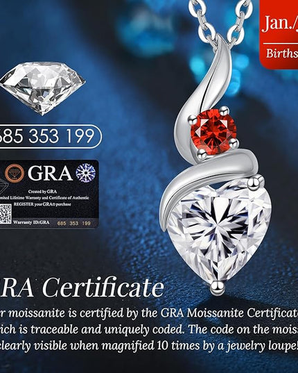 ANDSO Moissanite Heart Pendant Necklaces for Women, 925 Sterling Silver Necklace with Birthstone, Ideal Anniversary Present or Birthday Christmas Valentine Jewelry Gifts for Mom Wife Her Girlfriend