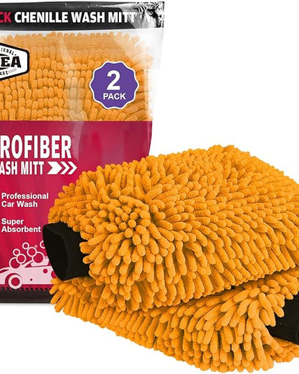 AIDEA Car Wash Mitt Microfiber, 2PK Scratch Free Lint-Free, Premium Chenille Microfiber Mitt Car Wash Brush, Orange, Regular Size 7.12''X10.14''