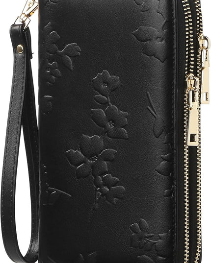 yiijay Womens Wallet RFID Blocking Large Capacity Leather Double Zip Wristlet Wallet Credit Card Phone Holder Ladies Clutch Purse Flora
