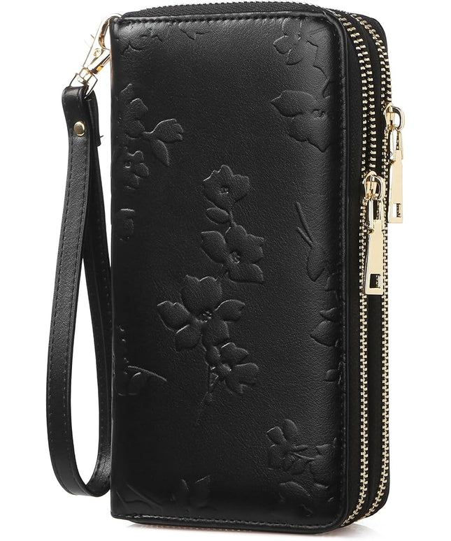 yiijay Womens Wallet RFID Blocking Large Capacity Leather Double Zip Wristlet Wallet Credit Card Phone Holder Ladies Clutch Purse Flora