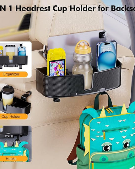 Car Headrest Cup Holder for Back Seat Organizer for Multi-Hanging Snack Storage Box with Strong Hooks for Kids and Backseat Passengers Share Rid for Travel Accessories（2-Pack）