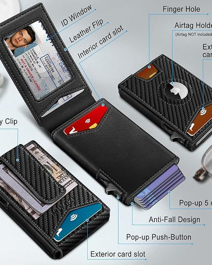 miyozi Airtag Wallet for Men Money Clip 9-Card Pop-Up Credit Card Holder with ID Window RFID Blocking Metal Case Magnetic Closure Front Pocket Wallet Gift Box