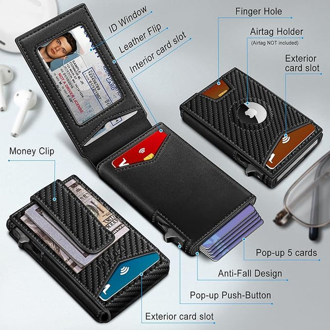 miyozi Airtag Wallet for Men Money Clip 9-Card Pop-Up Credit Card Holder with ID Window RFID Blocking Metal Case Magnetic Closure Front Pocket Wallet Gift Box