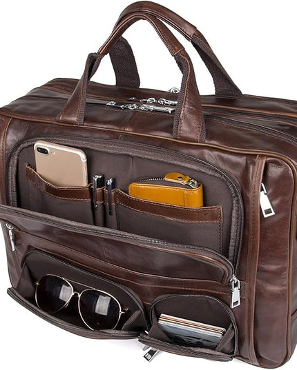 Augus Business Travel Briefcase Genuine Leather Duffel Bags for Men Laptop Bag fits 15.6 inches Laptop
