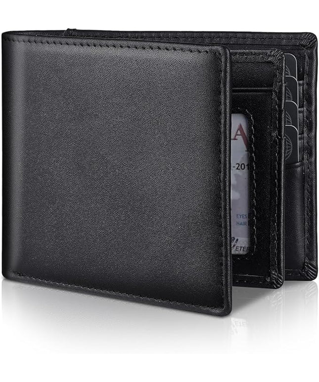 Mens Genuine Leather Bifold RFID Blocking Wallet with 14 Card Slots, ID Window & 2 Cash Pocket - Includes Gift Box