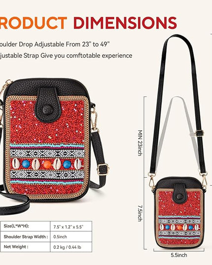 Women's Small Crossbody Cell Phone Bag, Boho Colorful Beaded Purse Wallet with Handmade Cute Patterns