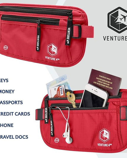 VENTURE 4TH Money Belt for Travel – Hidden Under-Clothes RFID Blocking Passport Holder & Slim Travel Wallet Pouch for Men & Women to Protect Cash, Cards & Documents (Red)