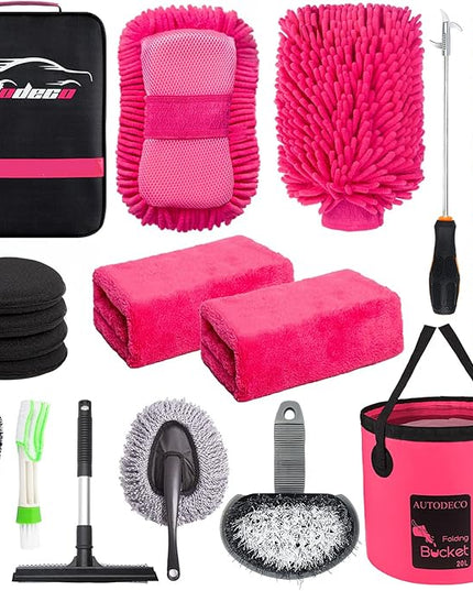 AUTODECO 22Pcs Car Wash Cleaning Tools Kit Car Detailing Set with Canvas Bag Pink Collapsible Bucket Wash Mitt Sponge Towels Tire Brush Window Scraper Duster Complete Interior Car Care Kit