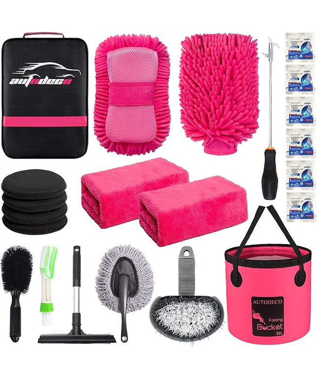 AUTODECO 22Pcs Car Wash Cleaning Tools Kit Car Detailing Set with Canvas Bag Pink Collapsible Bucket Wash Mitt Sponge Towels Tire Brush Window Scraper Duster Complete Interior Car Care Kit