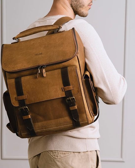 VELEZ Leather Backpack for Men - 15.6 Inch Laptop Bag - Designer Bookbag - Handmade Business Casual Computer Shoulder Bags