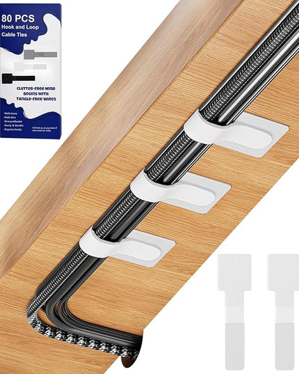 80PCS Hook and Loop Cable Ties, Hook and Loop Cable Straps, Under Desk Cable Management, Adhesive Cable Clips, Sticky-Back Cord Organizer for Desk, Household & Office Organization (White)