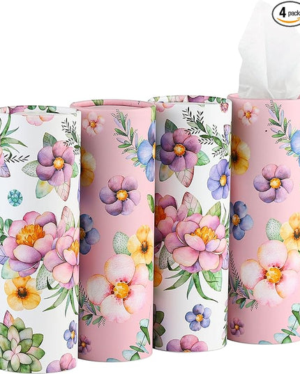 200 Sheets Car Tissues Holder with Facial Tissues 3-ply Travel Tissue Tubes 4 PK Tissues Box Container Perfect Fit for Car Cup Holder Cylinder (Pink)