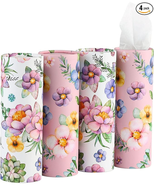 200 Sheets Car Tissues Holder with Facial Tissues 3-ply Travel Tissue Tubes 4 PK Tissues Box Container Perfect Fit for Car Cup Holder Cylinder (Pink)