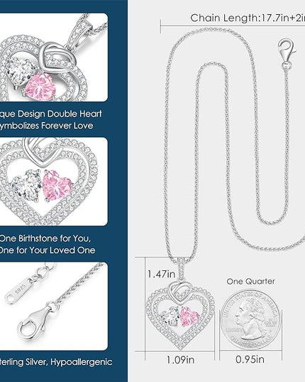 LOUISA SECRET Sparkling Double Heart Birthstone Necklaces for Women, 925 Sterling Silver Fine Jewelry, Pendant Heart Necklaces Birthday Anniversary Christmas Gift for Women Wife Mom Girlfriend Lady