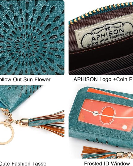 APHISON RFID Credit Card Holder Zipper Card Case Keychain Small Wallet for Women 1927 PEACOCK-BLUE