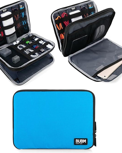 BUBM Double Layer Electronics Organizer, Travel Gadget Bag for Cables, Memory Cards, Flash Hard Drive and More, Fit for iPad or Tablet(up To 9.7")--Large, Blue