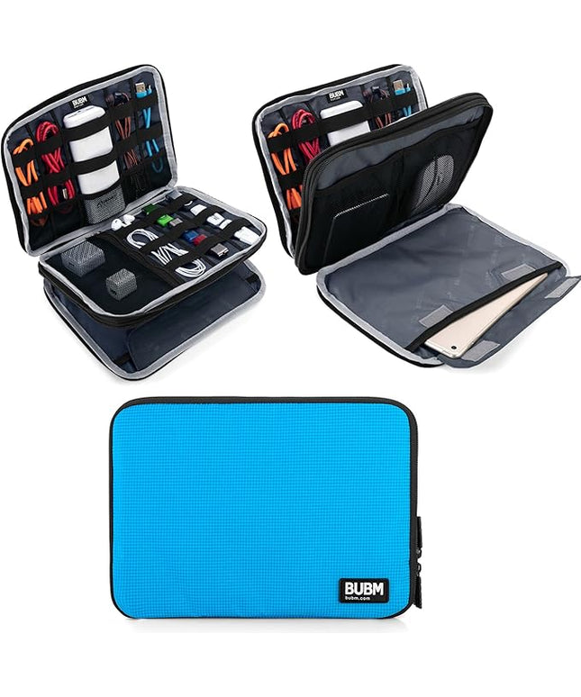 BUBM Double Layer Electronics Organizer, Travel Gadget Bag for Cables, Memory Cards, Flash Hard Drive and More, Fit for iPad or Tablet(up To 9.7")--Large, Blue