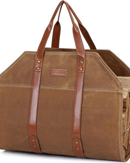 INNO STAGE Log Carrier|Waxed Canvas Log Holder|Firewood Carrier Tote Bag|Fireplace Wood Stove Accessories-Khaki