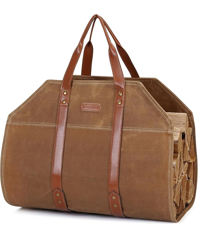 INNO STAGE Log Carrier|Waxed Canvas Log Holder|Firewood Carrier Tote Bag|Fireplace Wood Stove Accessories-Khaki