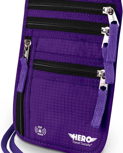 HERO Neck Wallet, RFID Blocking Passport Holder, Easy to Conceal Pouch (Purple)
