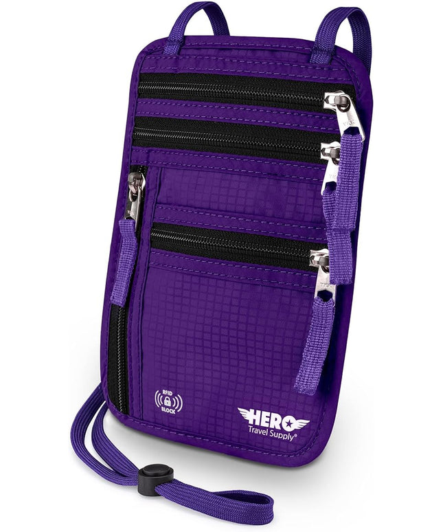 HERO Neck Wallet, RFID Blocking Passport Holder, Easy to Conceal Pouch (Purple)