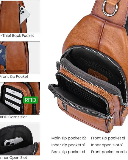 HESHE Leather Sling Bag for Women Crossbody Bags with Multi-Pocket Stylish Fanny Packs for Travel Chest Bag