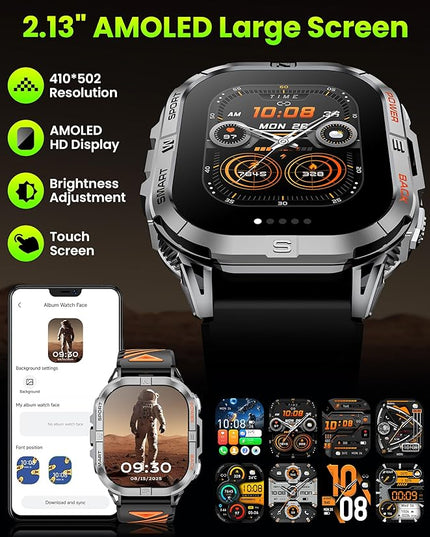 Military Smart Watch for Men Built-in GPS with LED Flashlight Compass, 2.13" AMOLED Tactical Smart Watches with Answer/Make Calls, 3ATM Waterproof Fitness Tracker for iPhone Android (Black)