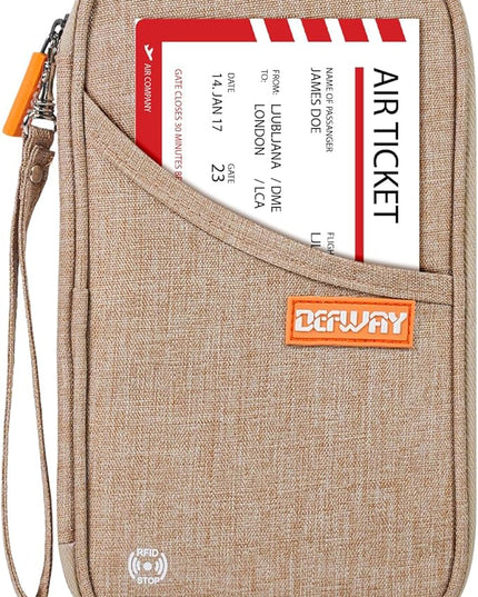 defway Passport Holder Travel Wallet - Family Passport Holder of 4, RFID Blocking Passport Wallet for Men Women, Travel Essentials for Flying (khaki)