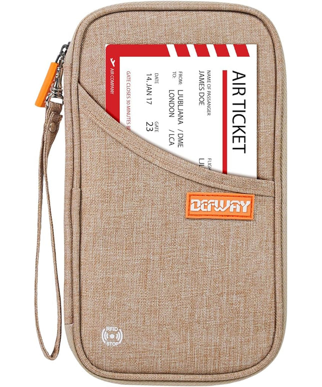 defway Passport Holder Travel Wallet - Family Passport Holder of 4, RFID Blocking Passport Wallet for Men Women, Travel Essentials for Flying (khaki)