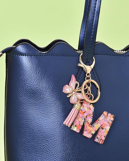 Fashion Alphabet Initial Letter Keychain Tassel Butterfly Pendant Key Ring for Purse Handbags Women Girl