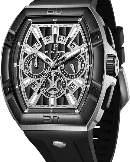 Paras Crown Watches for Men Tonneau 5ATM Waterproof Quartz Luxury Chronograph Analog Men's Wrist Watches Stainless Steel Case Mens Watches