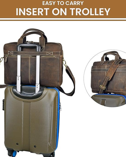 Vintage Leather Messenger Bag for Men, 16” Laptop Satchel with Adjustable Shoulder Strap, Briefcase Office Work & Travel Bag