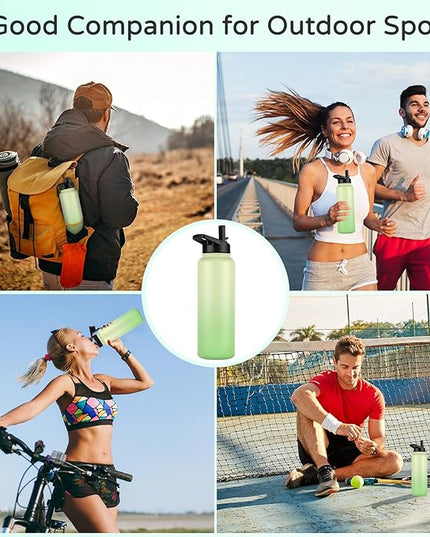 DOMICARE 40 oz Insulated Water Bottle, Vacuum Insulated Stainless Steel Sports Water Bottle with Straw Lid & Spout Lid, Leakproof, Reusable - Travel, Camping, Bike, Green Gradient