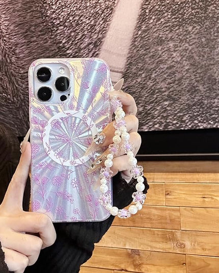 Compatible with iPhone 15 Pro Cases,Cute Flower Phone case with Floral Pearl Chain,Compatible MagSafe Silicone Shockproof Phone case for Women and Teenage Girls.