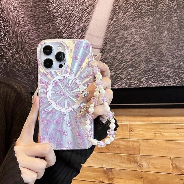 Compatible with iPhone 15 Pro Cases,Cute Flower Phone case with Floral Pearl Chain,Compatible MagSafe Silicone Shockproof Phone case for Women and Teenage Girls.