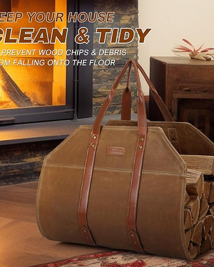 INNO STAGE Log Carrier|Waxed Canvas Log Holder|Firewood Carrier Tote Bag|Fireplace Wood Stove Accessories-Khaki