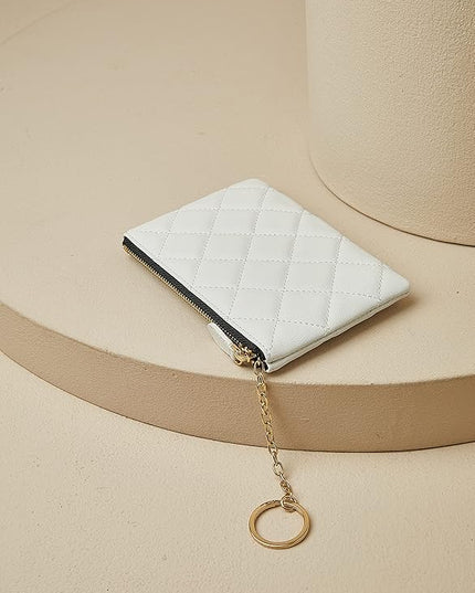 DORIS&JACKY Soft Lambskin Leather Coin Purse Small Quilted RFID Blocking Top Zipper Wallet With Key Chain