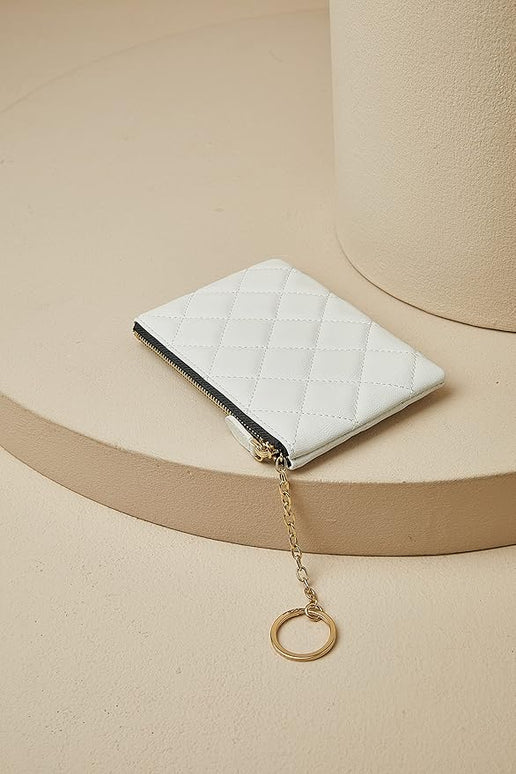 DORIS&JACKY Soft Lambskin Leather Coin Purse Small Quilted RFID Blocking Top Zipper Wallet With Key Chain