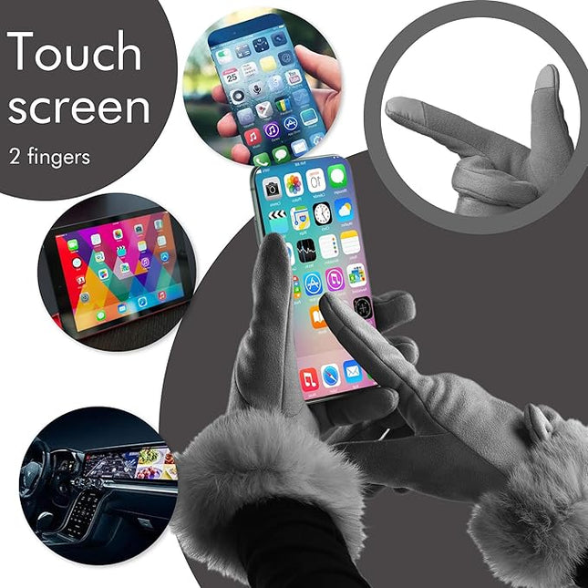 Vagasi Women Touch Screen Gloves, Fleece Lined Winter Gloves for Ladies, Thermal Suede Gloves Fur Cuff for Girls Gifts