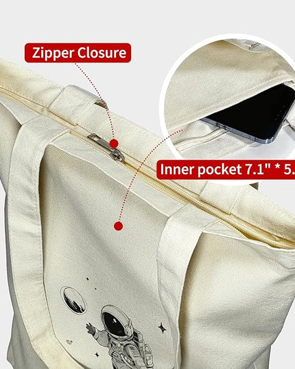 Tote Bag for Women, Reusable Zippered Canvas Bag with Handles Pocket Thick Canvas, for Grocery Shopping Beach Gift
