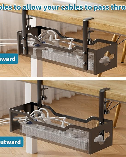 Under Desk Cable Management Tray Black, Litwaro Cable Management Under Desk No Drill, Cable Organizer with Clamp for Wire Management, Cord Organizer No Damage to Desk for Office, Home