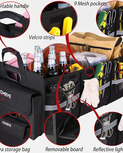 Homeve Trunk Organizer for Car, Collapsible Storage Box, Car Storage Organizer, 6 Compartment, Multi Pockets, Non Slip Strips, 2 Adjustable Securing Straps, Black